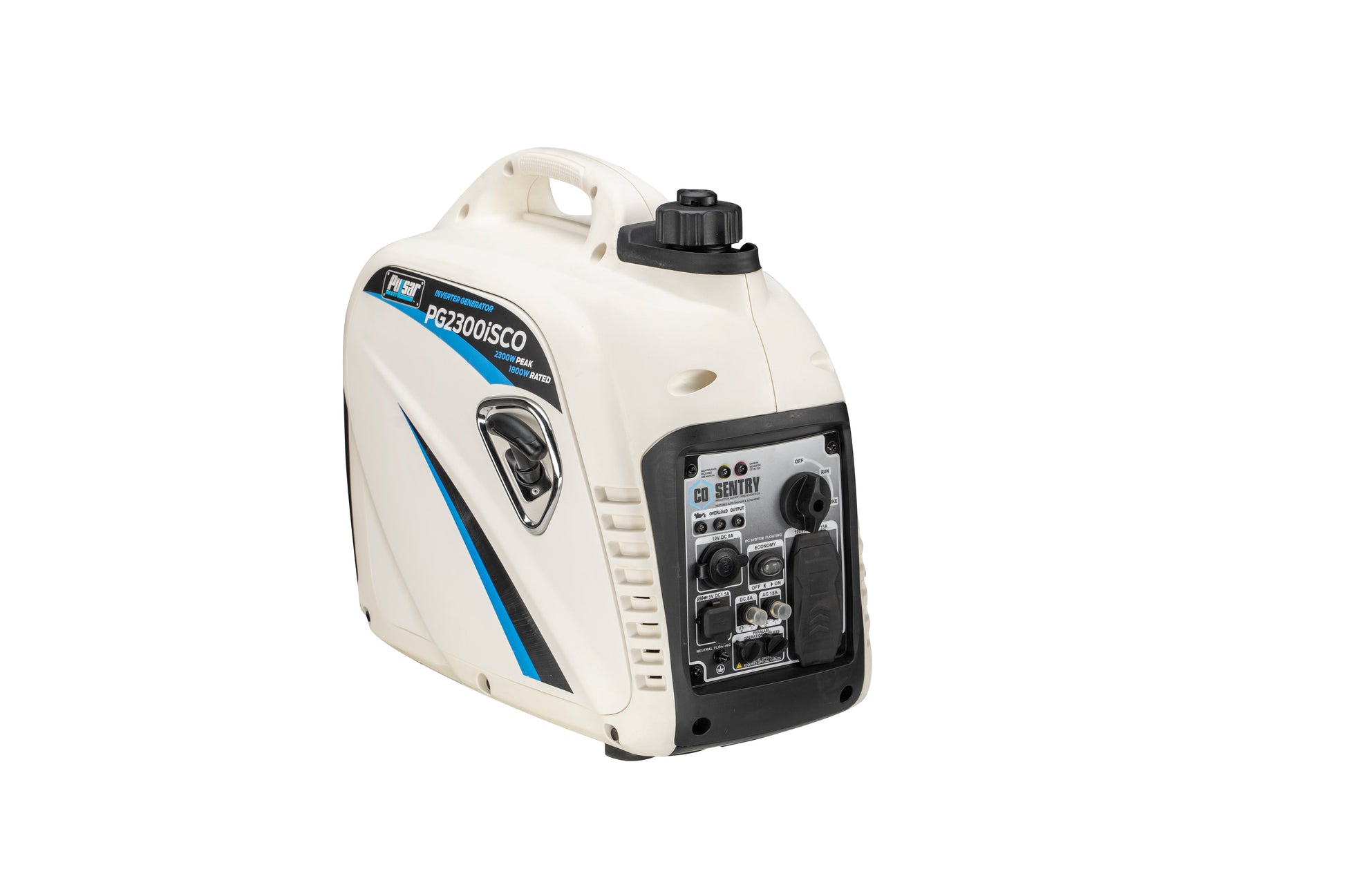 Portable white inverter generator PG2300iSCO with control panel and carry handle