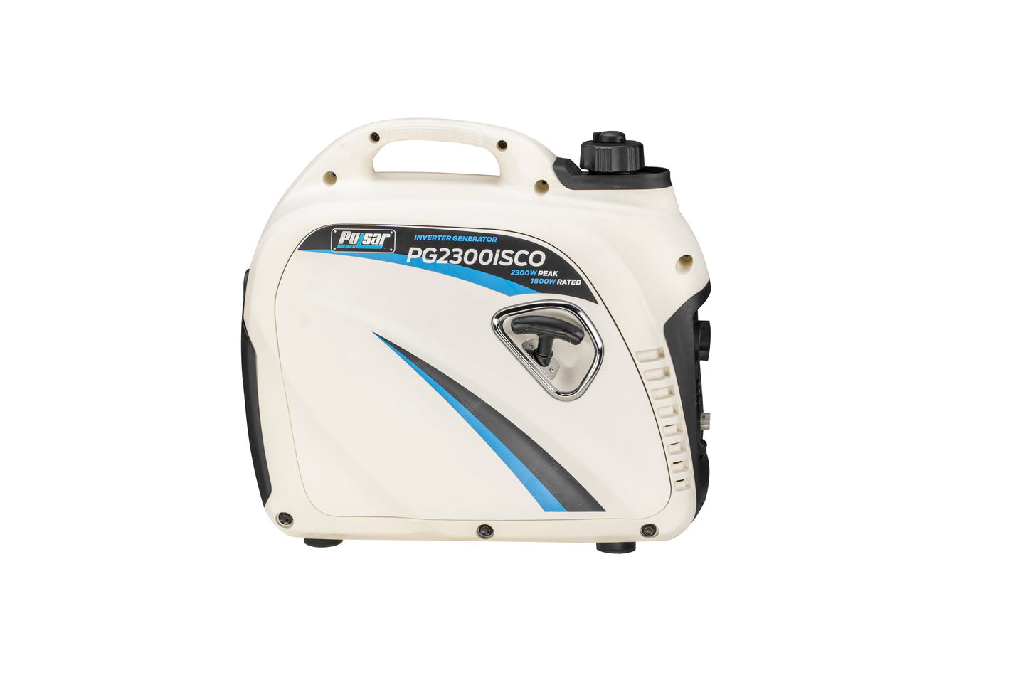 Portable white inverter generator PG2300iSCO with handle and blue accents