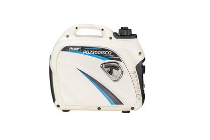 Portable white inverter generator PG2300iSCO with handle and blue accents