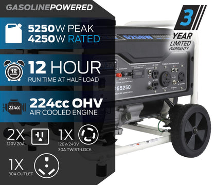 Pulsar PG5250 5250 Peak Watt Gas-Powered Portable Generator, 4250 Running Watts