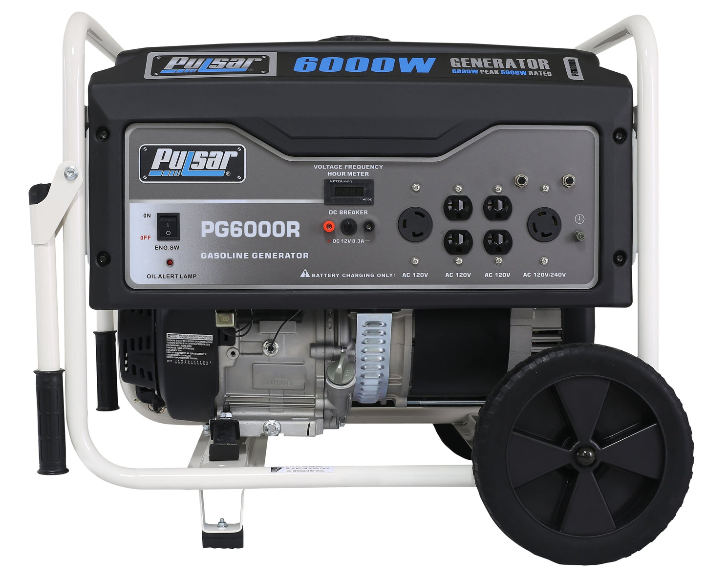 6000W portable gasoline generator with control panel and large wheels for backup power