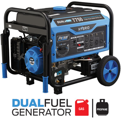 Portable dual fuel generator with blue accents, multiple outlets, compatible with gas and propane.