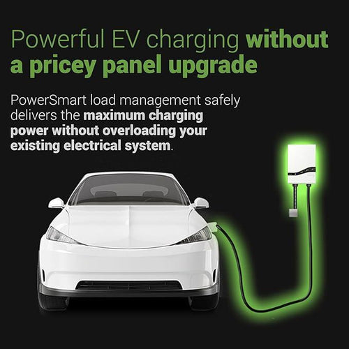 White electric vehicle charging at wall-mounted charger, promoting SolarFlares Generators renewable energy solutions.