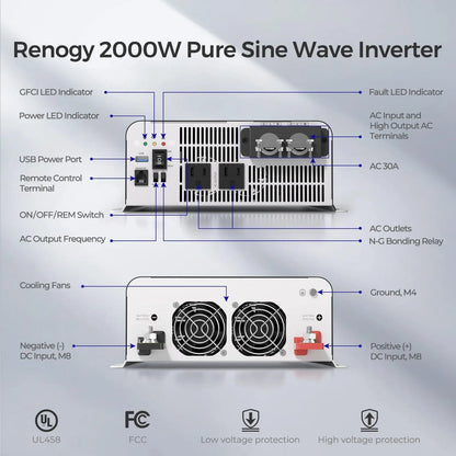 Renogy 2000W 12V Pure Sine Wave Inverter with UPS Transfer Switch & Bluetooth