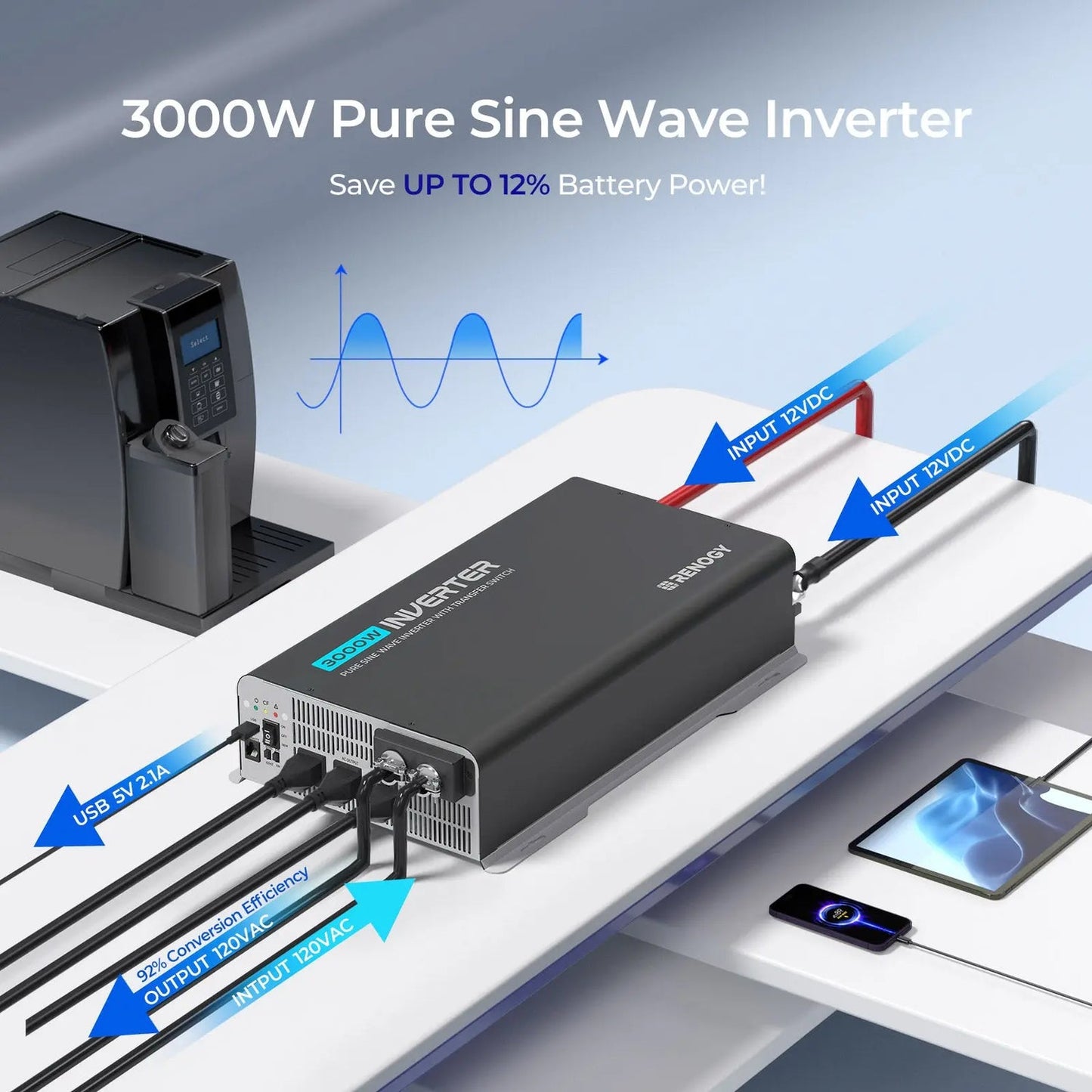 Renogy PUH 3000W Pure Sine Wave Inverter with Bluetooth & UPS Transfer Switch