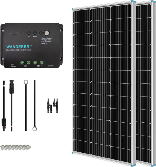 200 Watt 12 Volt Monocrystalline Solar Starter Kit w/Wanderer 30A Charge Controller