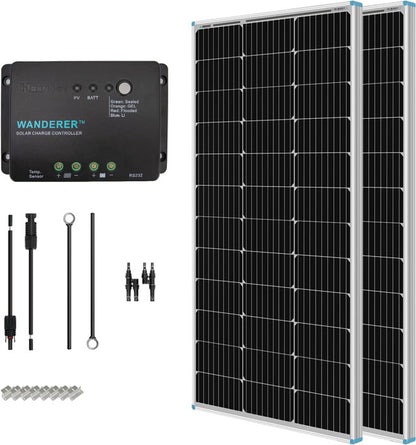 200 Watt 12 Volt Monocrystalline Solar Starter Kit w/Wanderer 30A Charge Controller