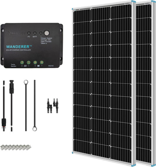 200 Watt 12 Volt Monocrystalline Solar Starter Kit w/Wanderer 30A Charge Controller