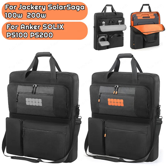 Padded solar panel storage bag with black exterior and orange velvet interior for 100W to 220W foldable panels