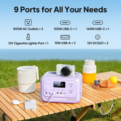 Portable BLUETTI Elite 30 V2 solar generator in lavender, featuring multiple outlets on a wooden table outdoors, with camera and drinks.