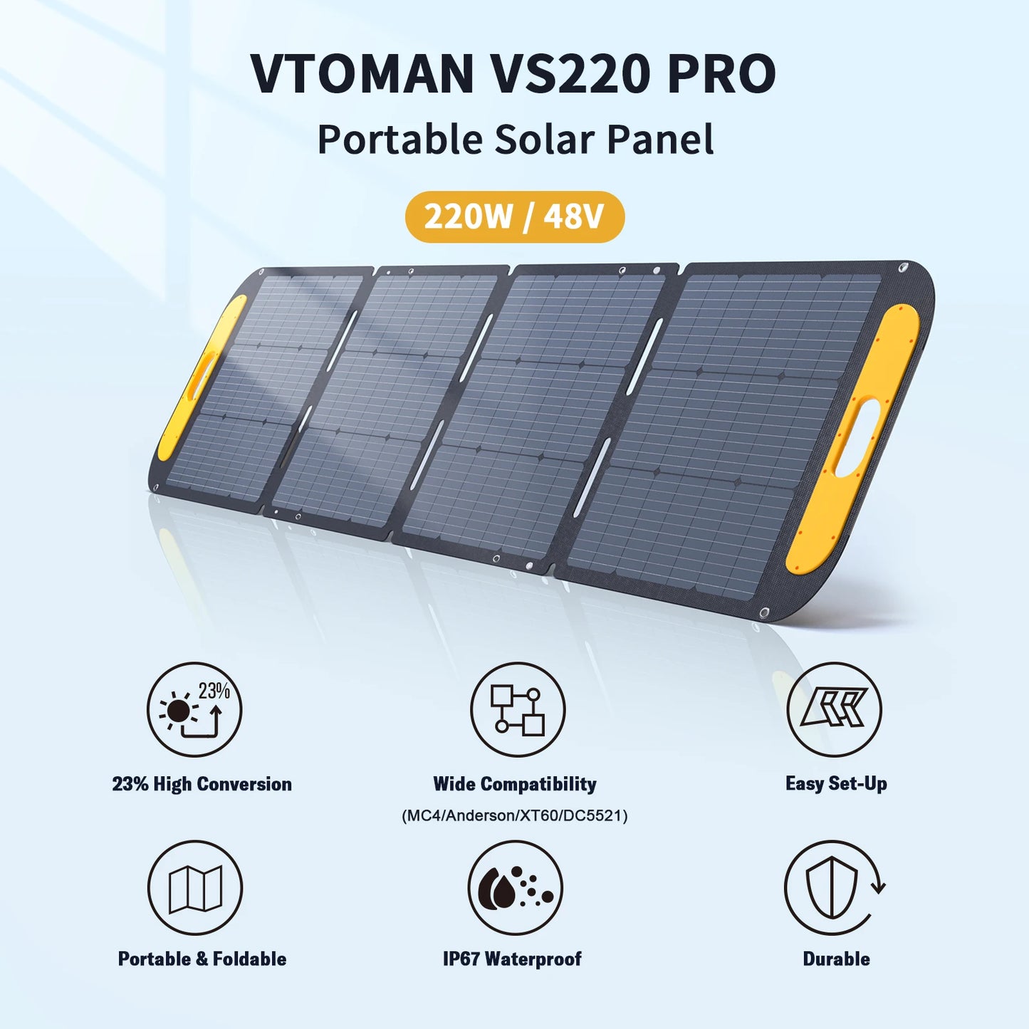VTOMAN VS220 PRO 220W Solar Panel – 48V Portable Solar Charger for Power Stations, Outdoor & Emergency Home Backup -  SolarFlares Generators