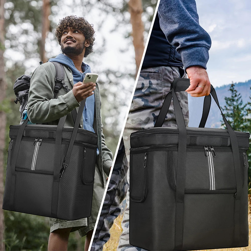 Portable solar generator bag for outdoor camping and hiking, carried by people in nature