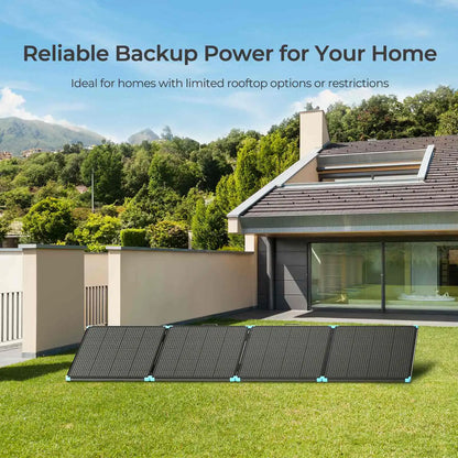 Renogy 400W Lightweight Portable Solar Suitcase with a black panel design, set on green grass outside a modern home.