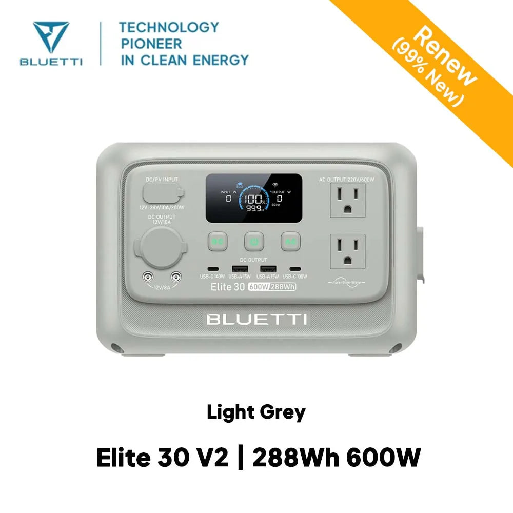 Light grey BLUETTI Elite 30 V2 portable power station with a display, multiple output ports, and control buttons.
