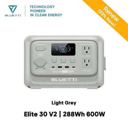 Light grey BLUETTI Elite 30 V2 portable power station with a display, multiple output ports, and control buttons.