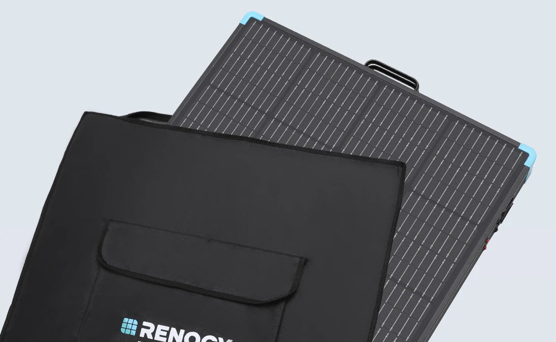 Renogy 400W portable solar suitcase with black carrying bag, featuring a compact design and foldable solar panel.