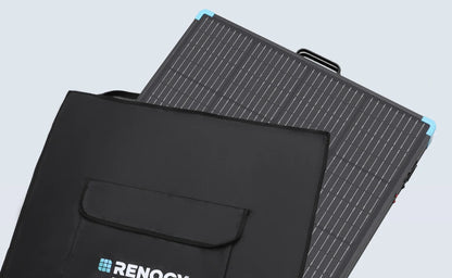 Renogy 400W portable solar suitcase with black carrying bag, featuring a compact design and foldable solar panel.