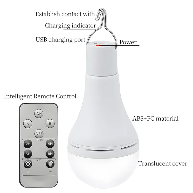 Rechargeable solar camping light with a translucent cover, ABS+PC material, and remote control for easy operation.