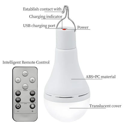 Rechargeable solar camping light with a translucent cover, ABS+PC material, and remote control for easy operation.