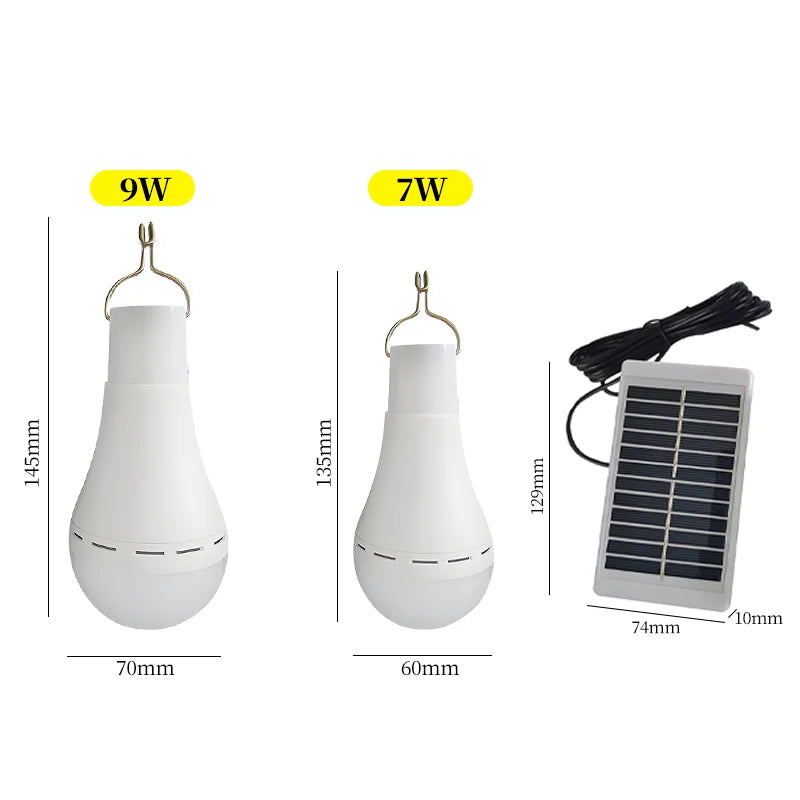 Rechargeable Solar Camping Light with remote control, featuring a white bulb shape and solar panel with cable.