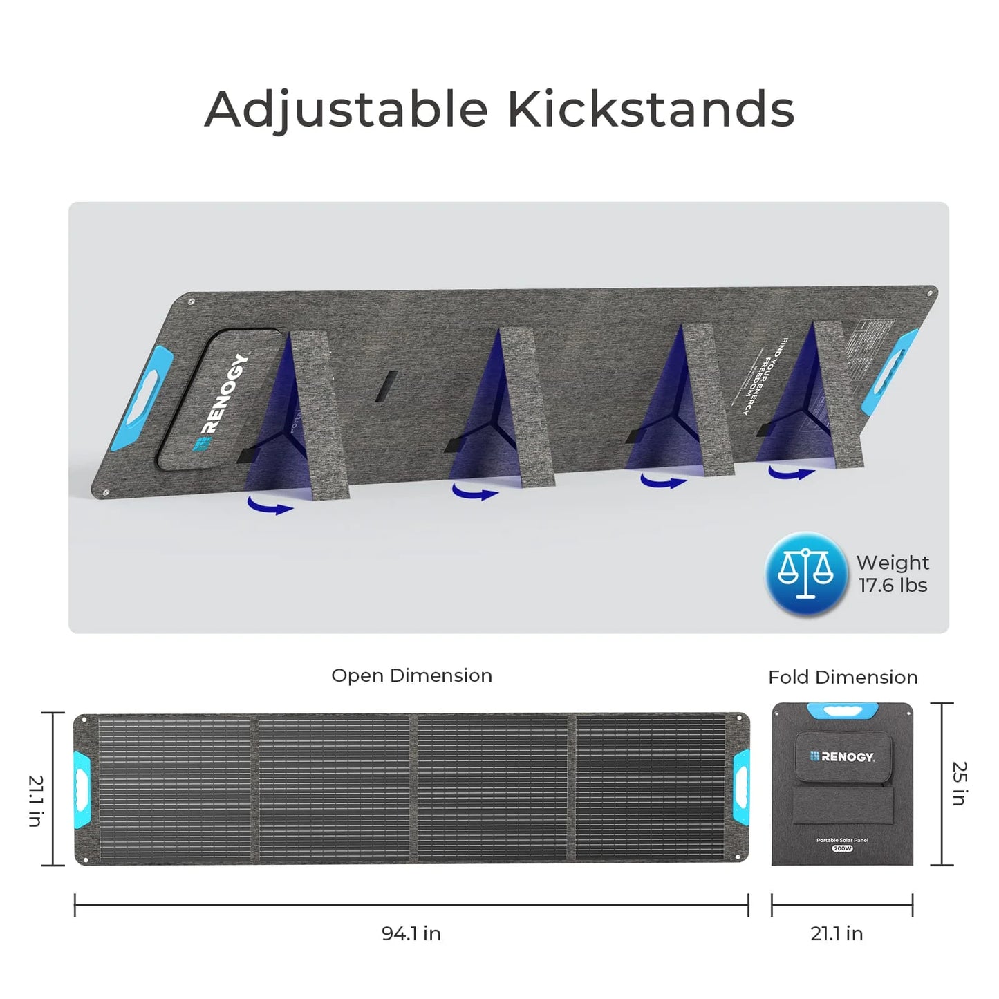 Foldable Renogy 200W Portable Solar Panel in gray with adjustable kickstands, measuring 94.1 x 21.1 in when open.