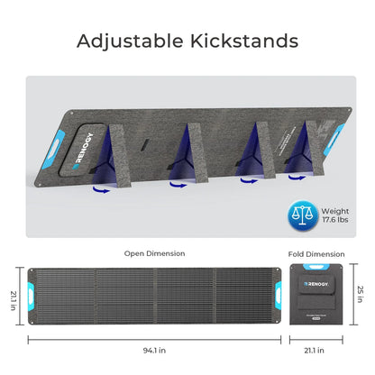Foldable Renogy 200W Portable Solar Panel in gray with adjustable kickstands, measuring 94.1 x 21.1 in when open.