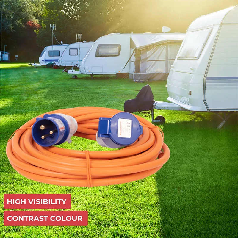 10m orange RV power extension cord, 230V 16A heavy duty hook up cable with weather-resistant connectors