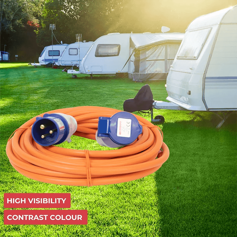 10m orange RV power extension cord, 230V 16A heavy duty hook up cable with weather-resistant connectors