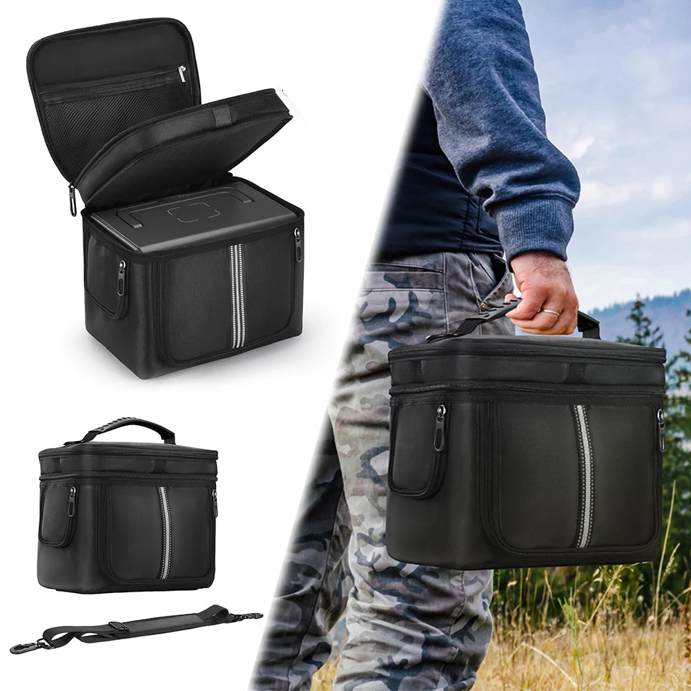 Black waterproof carrying case designed for the BLUETTI EB3A, featuring a handle and zipper pockets.