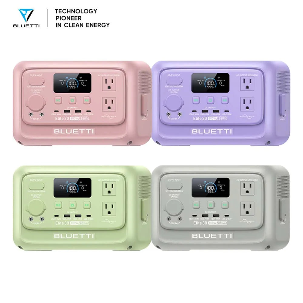 Portable power stations in pink, purple, green, and gray, featuring multiple outlets and a display screen, labeled "Elite 30.