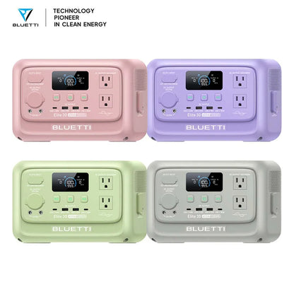Portable power stations in pink, purple, green, and gray, featuring multiple outlets and a display screen, labeled "Elite 30.