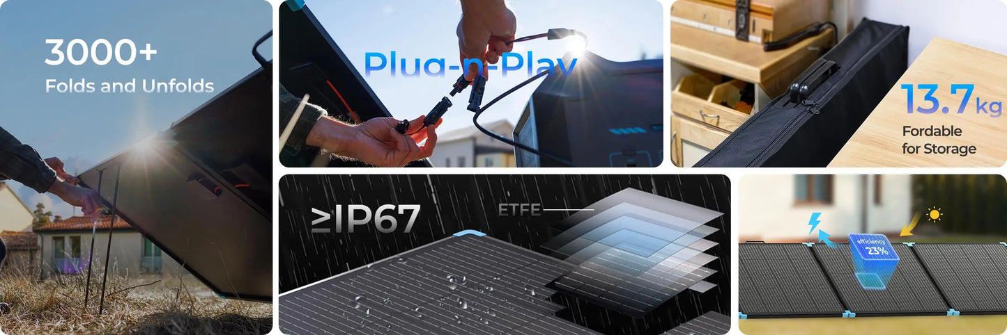 400W portable solar suitcase with a compact design, waterproof IP67 rating, and foldable aluminum kickstands.
