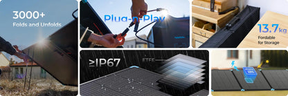 400W portable solar suitcase with a compact design, waterproof IP67 rating, and foldable aluminum kickstands.