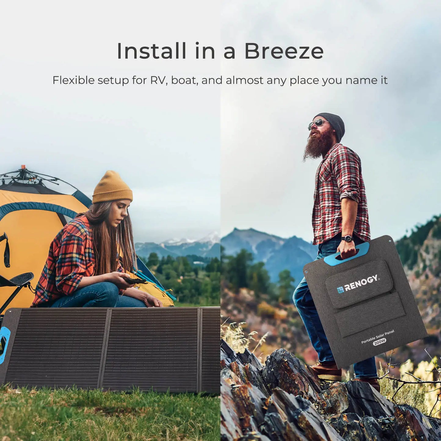 Woman sitting beside a yellow tent, using a device near a foldable Renogy 200W Portable Solar Panel; man walking in mountains holding the panel.