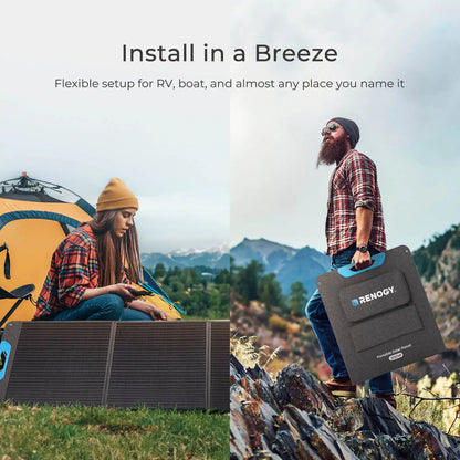 Woman sitting beside a yellow tent, using a device near a foldable Renogy 200W Portable Solar Panel; man walking in mountains holding the panel.