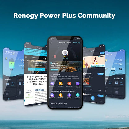 Mobile app interface for solar generator community and user dashboard, ocean background