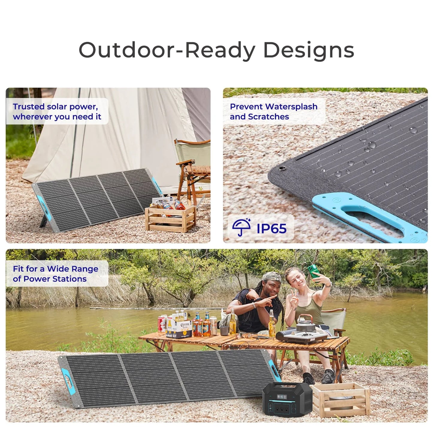 Foldable Renogy 200W portable solar panel with a black surface and blue accents, set up outdoors near a tent.