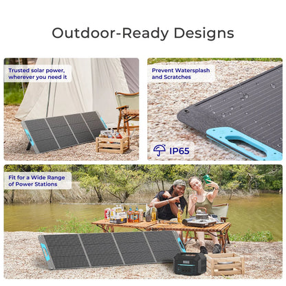 Foldable Renogy 200W portable solar panel with a black surface and blue accents, set up outdoors near a tent.