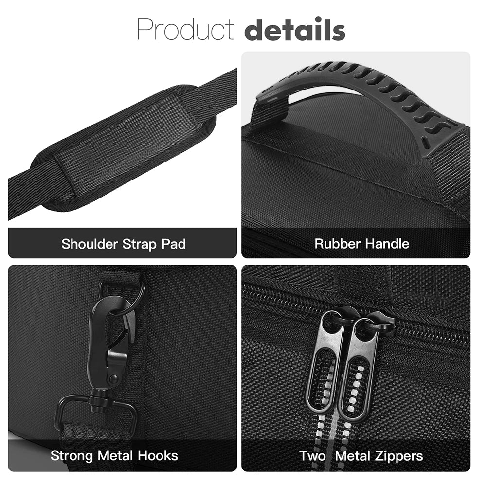 Black carrying case for BLUETTI EB3A power station, featuring a rubber handle, shoulder strap pad, strong metal hooks, and dual metal zippers.