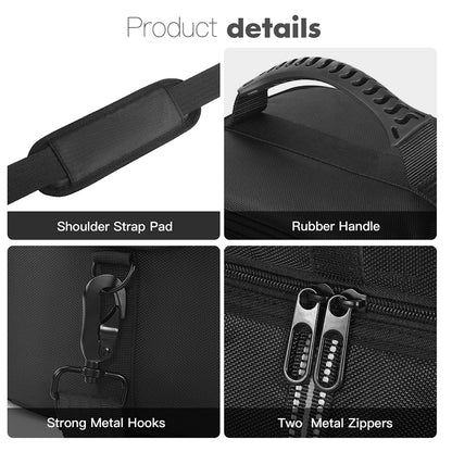 Black carrying case for BLUETTI EB3A power station, featuring a rubber handle, shoulder strap pad, strong metal hooks, and dual metal zippers.