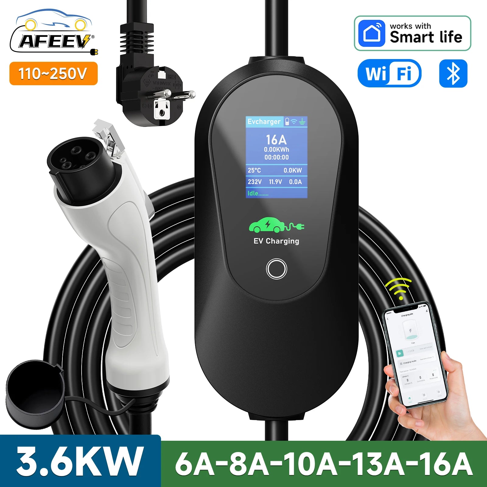 AFEEV 3.6KW portable EV charger with J1772 connector, 3.5 m cable, LCD control box, and WiFi app control