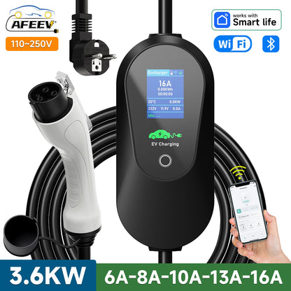 AFEEV 3.6KW portable EV charger with J1772 connector, 3.5 m cable, LCD control box, and WiFi app control