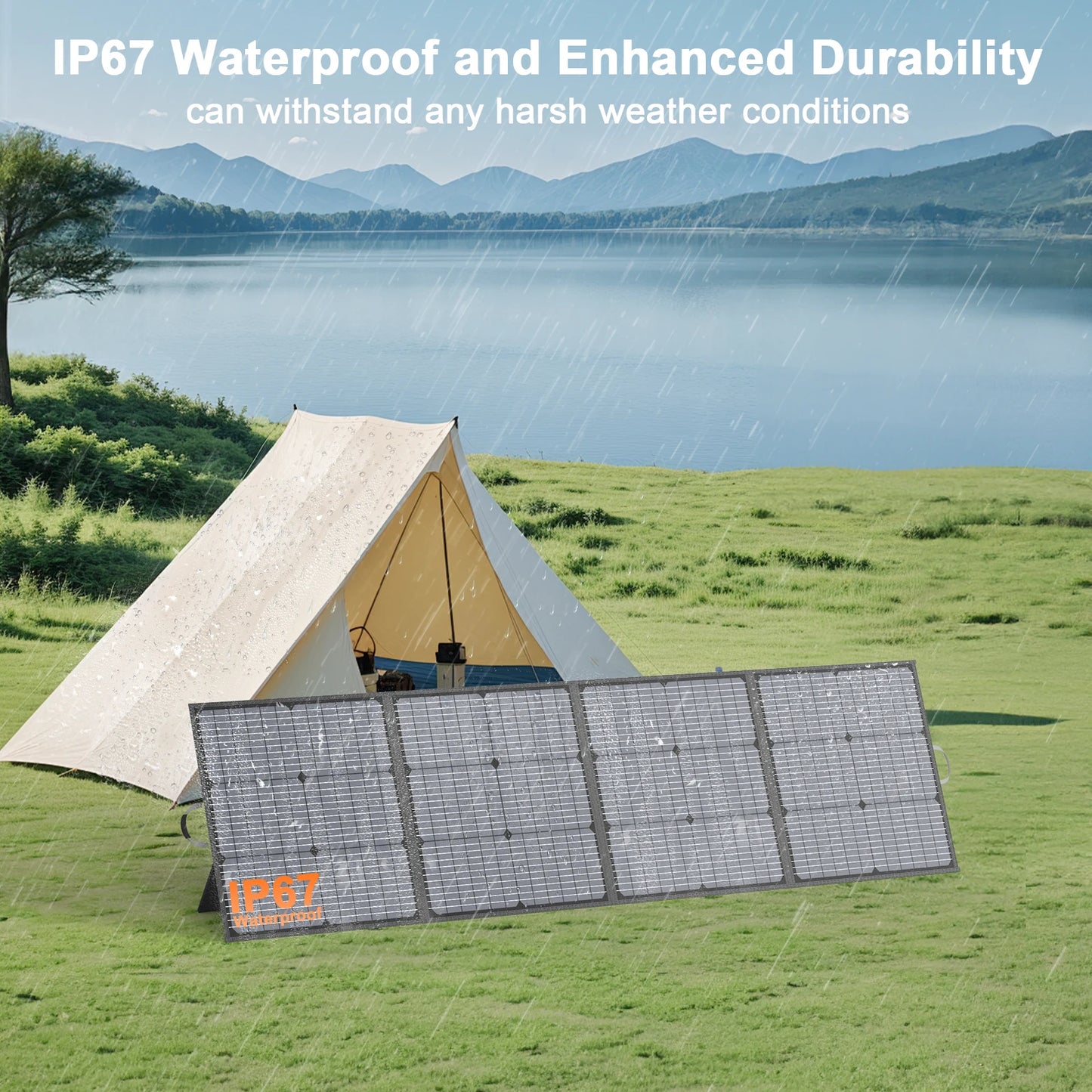 Foldable MHPOWOS 220W solar panel with IP67 rating sits on grass, alongside a beige tent in a scenic outdoor setting.