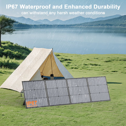 Foldable MHPOWOS 220W solar panel with IP67 rating sits on grass, alongside a beige tent in a scenic outdoor setting.