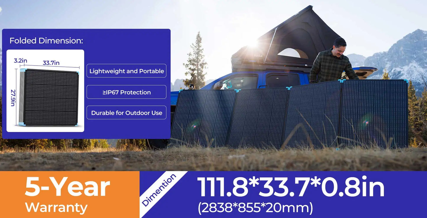 Foldable Renogy 400W lightweight solar suitcase, featuring black panels and a rugged design, set up outdoors near a vehicle.