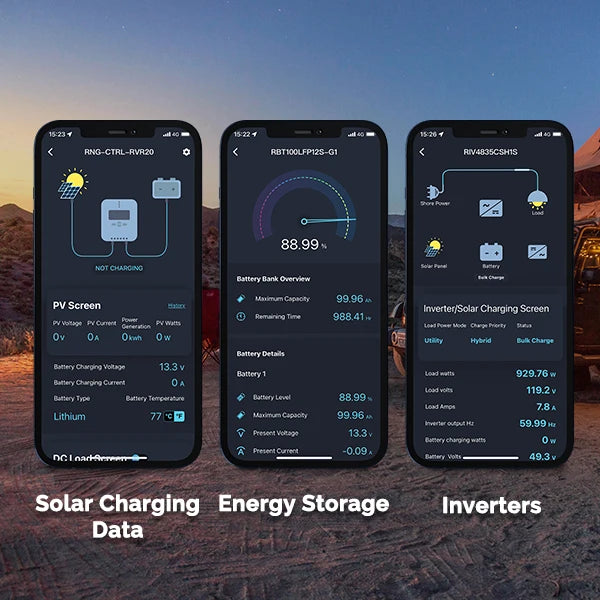 Three smartphones display solar charging, energy storage, and inverter data at a campsite at dusk.
