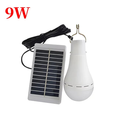 Rechargeable solar camping light with a white bulb, black power cord, and a small solar panel for charging.
