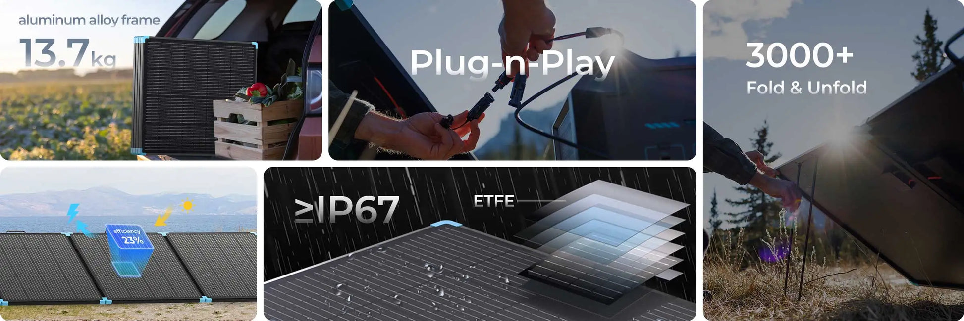 400W lightweight portable solar suitcase with a black finish and aluminum alloy frame, designed for outdoor activities.