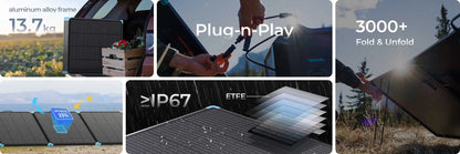 400W lightweight portable solar suitcase with a black finish and aluminum alloy frame, designed for outdoor activities.