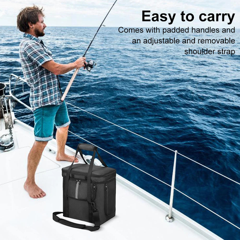 Man fishing on a boat with a portable black insulated cooler bag, blue ocean background